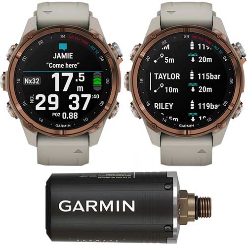 Technologie subwave du pack complet Garmin montre de plongée connectée GPS Descent Mk3i 43mm et sonde de pression Descent T2 Garmin silicone lin